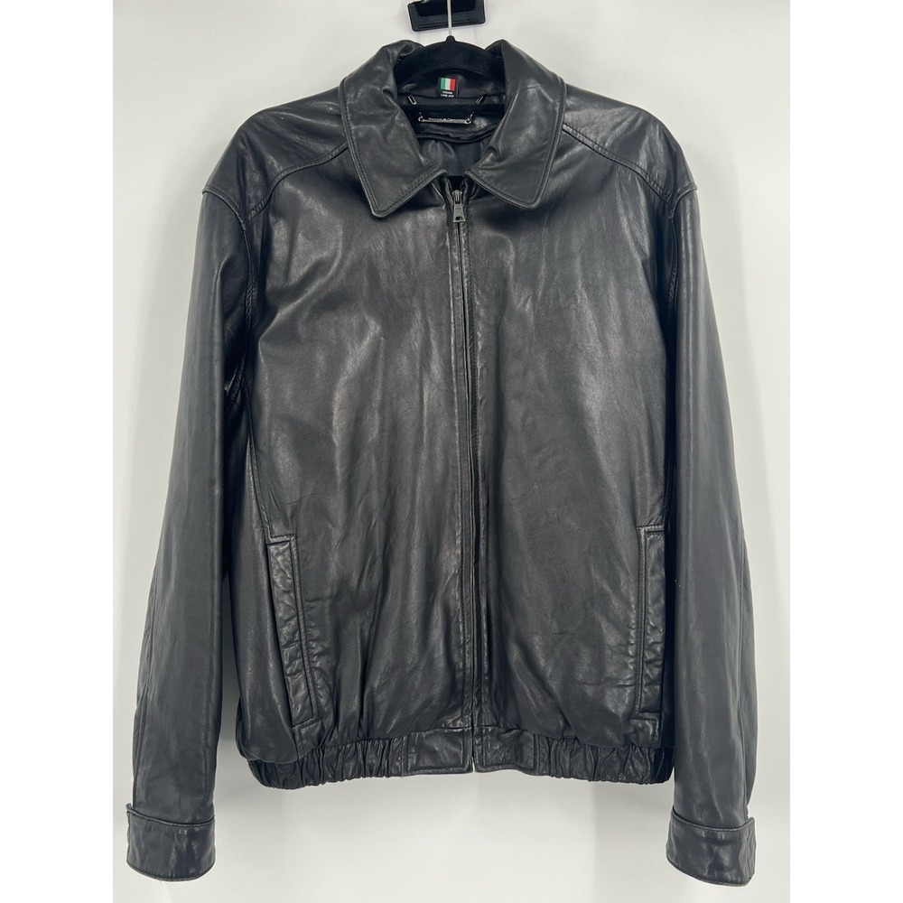Men's Medium Large Black Soft Italian Bomber Leather Jacket Full Zip Lamb Skin